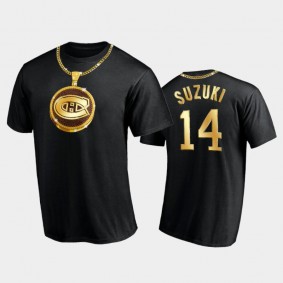 Men Montreal Canadiens Nick Suzuki #14 Gold Chain Black T-Shirt