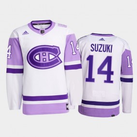 Nick Suzuki #14 Montreal Canadiens 2021 HockeyFightsCancer White Primegreen Jersey