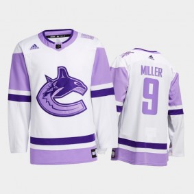J.T. Miller #9 Vancouver Canucks 2021 HockeyFightsCancer White Special warm-up Jersey