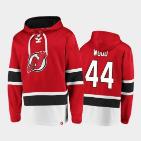 Men's Miles Wood #44 New Jersey Devils Lace-Up Red Dasher Player Hoodie