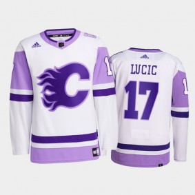 Milan Lucic #17 Calgary Flames 2021 HockeyFightsCancer White Primegreen Jersey