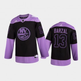 Men New York Islanders mathew barzal #13 2021 Hockey Fights Cancer Night Purple Jersey