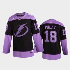 Men Ondrej Palat #18 Tampa Bay Lightning 2020 Hockey Fights Cancer Black Purple Ribbons Jersey