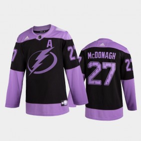 Men Ryan McDonagh #27 Tampa Bay Lightning 2020 Hockey Fights Cancer Black Purple Ribbons Jersey