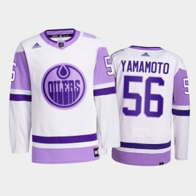 Kailer Yamamoto #56 Edmonton Oilers 2021 HockeyFightsCancer White Primegreen Jersey