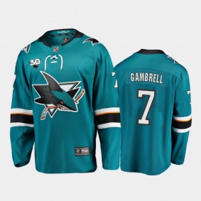 Men's San Jose Sharks Dylan Gambrell #7 Commemorate 30th Anniversary Home Teal Jersey