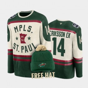 Joel Eriksson Ek Minnesota Wild 2022 Winter Classic #14 T-Shirt Free Hat Green  Cream Retro Archival