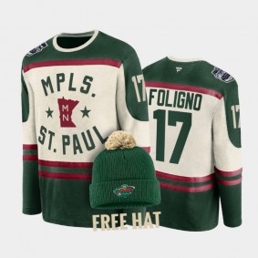 Marcus Foligno Minnesota Wild 2022 Winter Classic #17 T-Shirt Free Hat Green  Cream Retro Archival