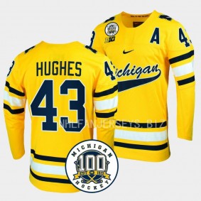 Luke Hughes Michigan Wolverines 100th Anniversary Maize Hockey Jersey 43