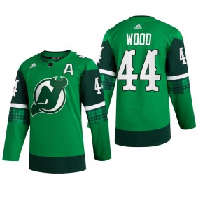 New Jersey Devils Miles Wood #44 St Patricks Day 2022 Green Jersey Warm-Up