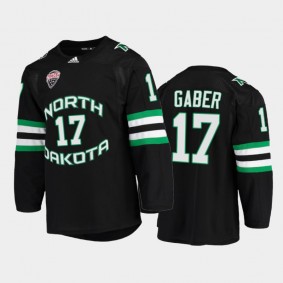 North Dakota Fighting Hawks Riese Gaber #17 College Hockey Black NCHC Jersey 2022