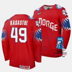 Norway #49 Christian Kasastul 2023 IIHF World Championship Away Jersey Red