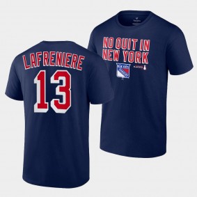 New York Rangers Alexis Lafreniere 2022 Stanley Cup Playoffs Slogan Navy #13 T-Shirt