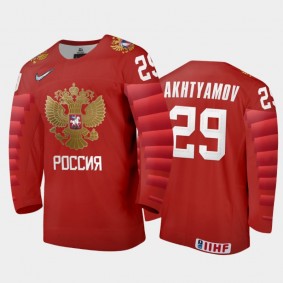 Men Russia Team 2021 IIHF World Junior Championship Artur Akhtyamov #29 Away Red Jersey