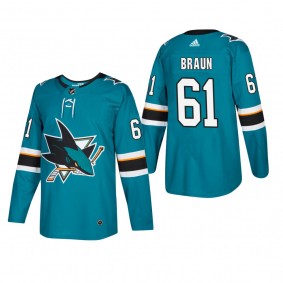 Men's San Jose Sharks Justin Braun #61 Home Teal Authentic Player Cheap Jersey