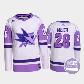 San Jose Sharks Timo Meier #28 Hockey Fights Cancer Jersey White Purple Primegreen