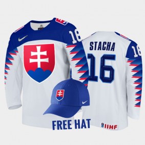 Slovakia Hockey 2022 IIHF World Junior Championship Marko Stacha White Jersey Free Hat