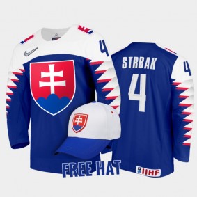Slovakia Hockey Maxim Strbak 2022 IIHF World Junior Championship Royal #4 Jersey Free Hat