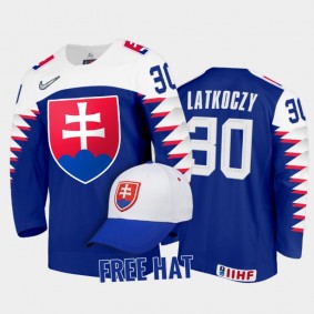Slovakia Hockey Simon Latkoczy 2022 IIHF World Junior Championship Royal #30 Jersey Free Hat