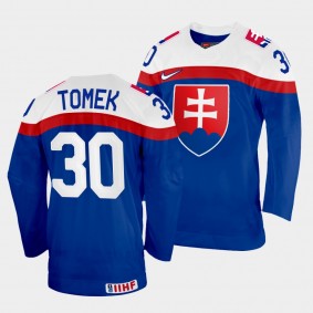 Matej Tomek 2022 IIHF World Championship Slovakia Hockey #30 Blue Jersey Away