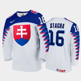 Men Slovakia Team 2021 IIHF World Junior Championship Marko Stacha #16 Home White Jersey