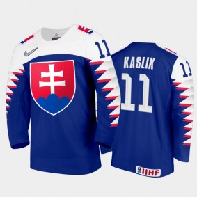 Men Slovakia Team 2021 IIHF World Junior Championship Matej Kaslik #11 Away Blue Jersey