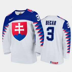 Men Slovakia Team 2021 IIHF World Junior Championship Simon Becar #3 Home White Jersey