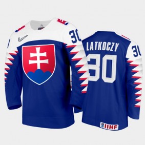 Men Slovakia Team 2021 IIHF World Junior Championship Simon Latkoczy #30 Away Blue Jersey