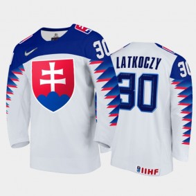 Men Slovakia Team 2021 IIHF World Junior Championship Simon Latkoczy #30 Home White Jersey