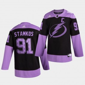 Tampa Bay Lightning Steven Stamkos 2021 Hockey Fights Cancer Jersey Black Purple Ribbons