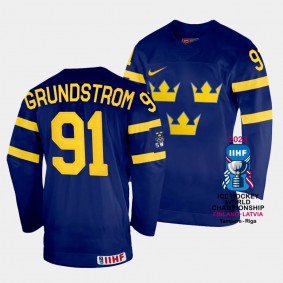 Carl Grundstrom 2023 IIHF World Championship Sweden #91 Navy Away Jersey Men