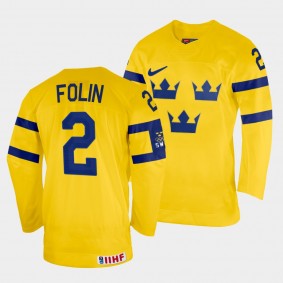 Christian Folin 2022 IIHF World Championship Sweden Hockey #2 Yellow Jersey Home
