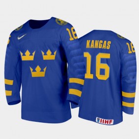 Men's Sweden 2021 IIHF U18 World Championship Gabriel Kangas #16 Away Blue Jersey