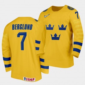 Gustav Berglund Sweden Team 2021 IIHF World Junior Championship Jersey Home Gold