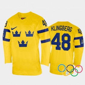Sweden Hockey Carl Klingberg 2022 Winter Olympics Yellow #48 Jersey Home