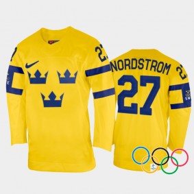 Sweden Hockey Joakim Nordstrom 2022 Winter Olympics Yellow #27 Jersey Home