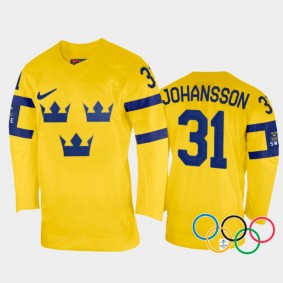 Sweden Hockey Lars Johansson 2022 Winter Olympics Yellow #31 Jersey Home