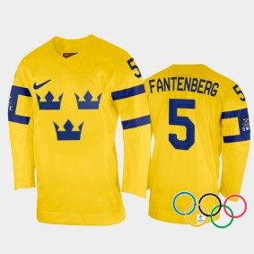 Sweden Hockey Oscar Fantenberg 2022 Winter Olympics Yellow #5 Jersey Home