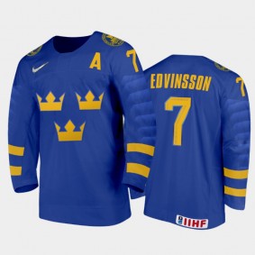 Sweden Hockey Simon Edvinsson 2022 IIHF World Junior Championship Away Jersey Blue