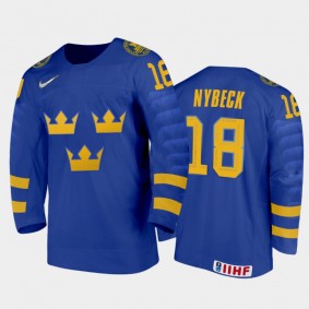 Sweden Hockey Zion Nybeck 2022 IIHF World Junior Championship Away Jersey Blue