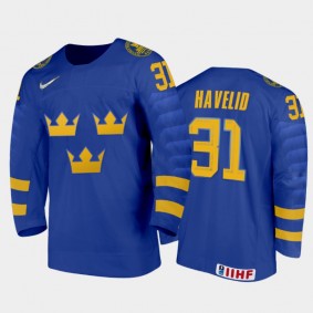 Men's Sweden 2021 IIHF U18 World Championship Hugo Havelid #31 Away Blue Jersey