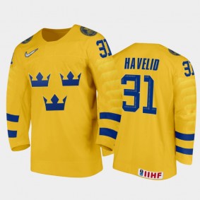 Men's Sweden 2021 IIHF U18 World Championship Hugo Havelid #31 Home Gold Jersey