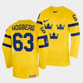 Marcus Hogberg 2022 IIHF World Championship Sweden Hockey #63 Yellow Jersey Home