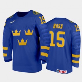 Men's Sweden 2021 IIHF U18 World Championship Noah Hasa #15 Away Blue Jersey