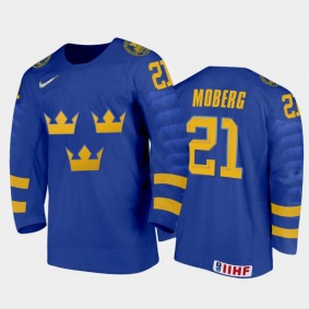 Men's Sweden 2021 IIHF U18 World Championship Oliver Moberg #21 Away Blue Jersey