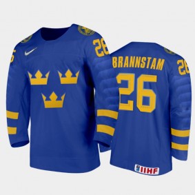Men Sweden Team 2021 IIHF World Junior Championship Alex Brannstam #26 Away Blue Jersey