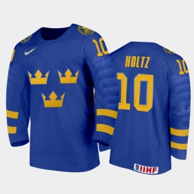 Men Sweden Team 2021 IIHF World Junior Championship Alexander Holtz #10 Away Blue Jersey