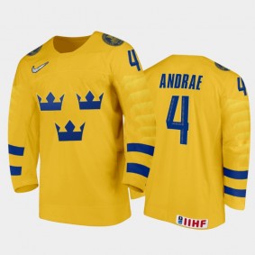Men Sweden Team 2021 IIHF World Junior Championship Emil Andrae #4 Home Gold Jersey