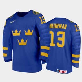 Men Sweden Team 2021 IIHF World Junior Championship Emil Heineman #13 Away Blue Jersey