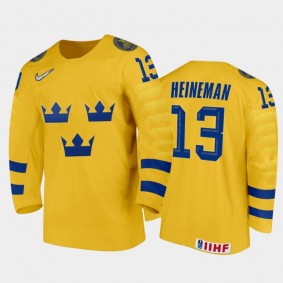 Men Sweden Team 2021 IIHF World Junior Championship Emil Heineman #13 Home Gold Jersey